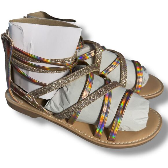 NIB Shoeslocker Gladiator‎ Sandals Gold Glitter Straps Zip Back Size 4. SO CUTE! - Picture 1 of 16